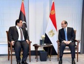 “السيد الرئيس عبد الفتاح السيسي مع السيد محمد المنفي، رئيس المجلس الرئاسي الليبي، وذلك بمقر اقامة سيادته بالعاصمة البلجيكية بروكسل”.