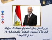وزير العمل يُعلن استخراج شهادات “مزاولة الحرفة” و”مستوى المهارة ” بالمجان لـ 7516 عاملًا في”الضبعة”